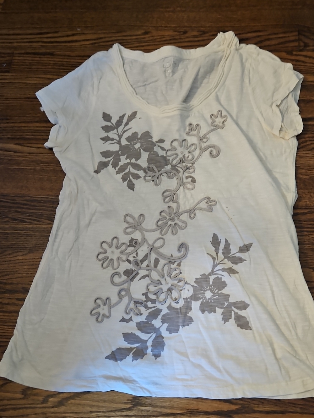 LOFT White Short Sleeve Tee with Gray Floral Embroidery - Picture 1 of 1